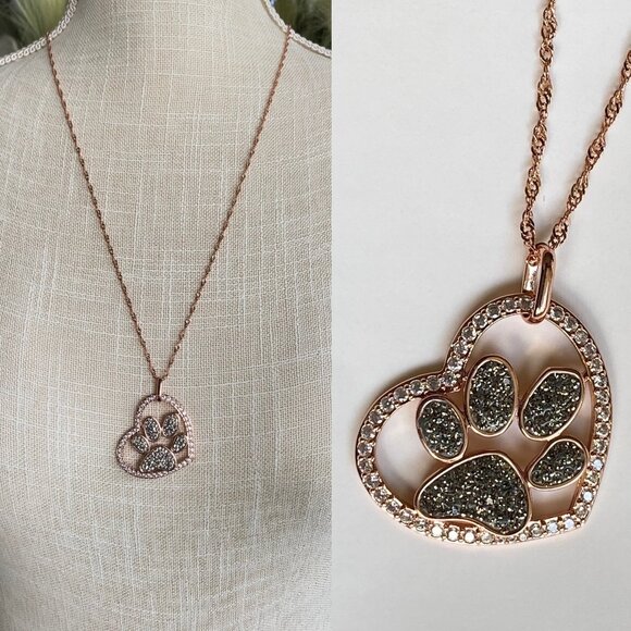 FAC Sparkly Crystal Paw Print Necklace Rose Gold Tone - Picture 1 of 8